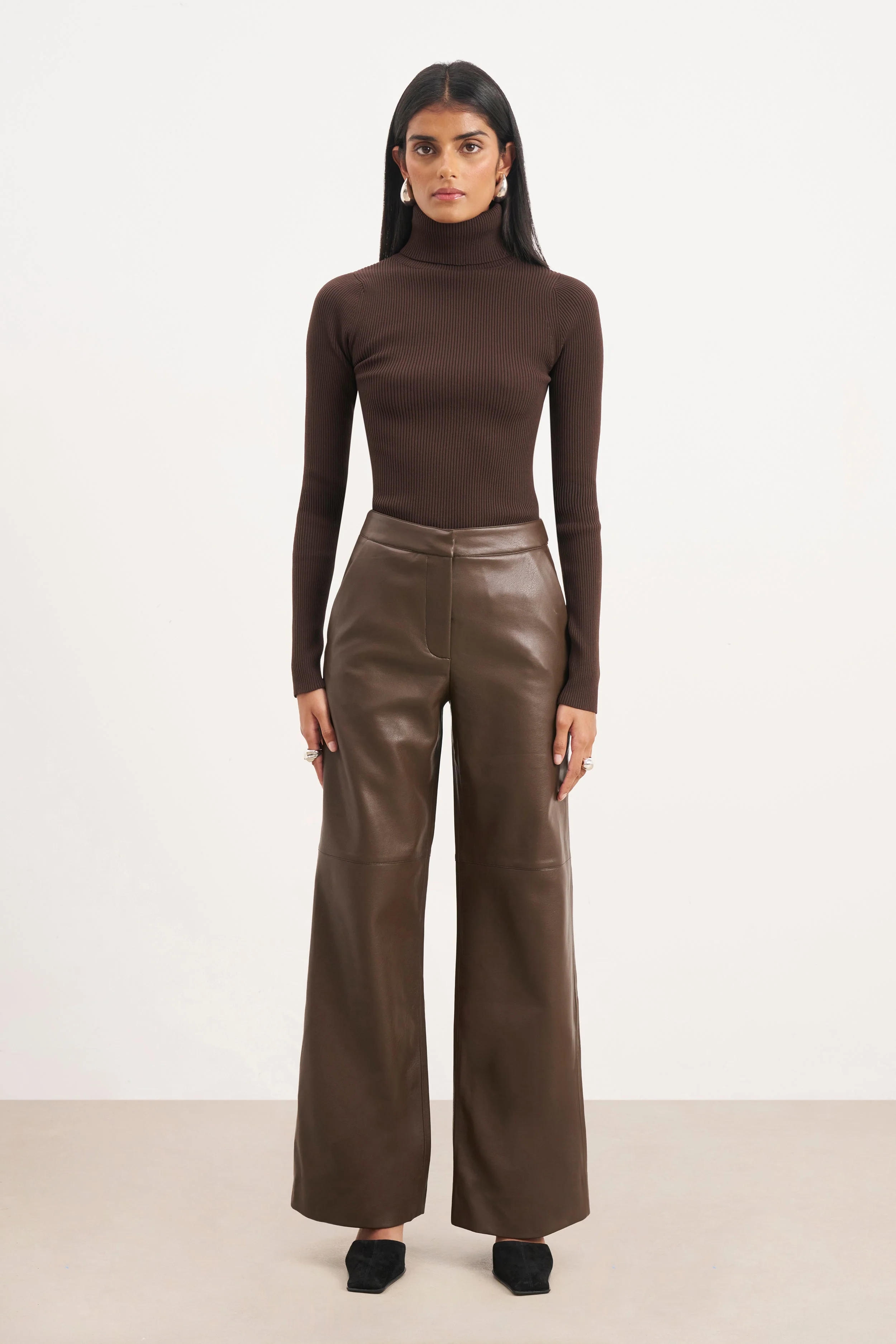 Tailored Leather Wide Leg Trousers - Carob - Image 4