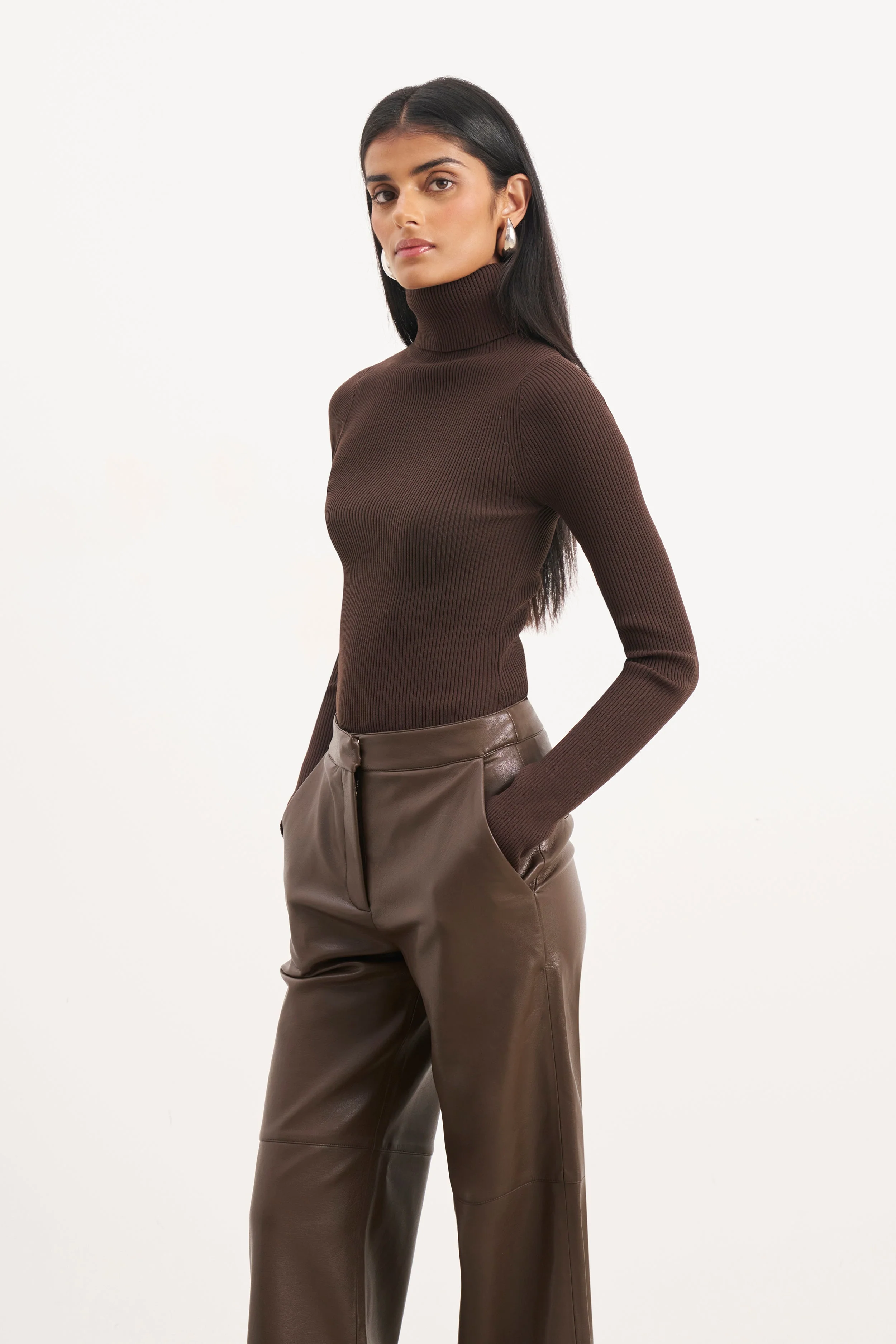 Tailored Leather Wide Leg Trousers - Carob - Image 5