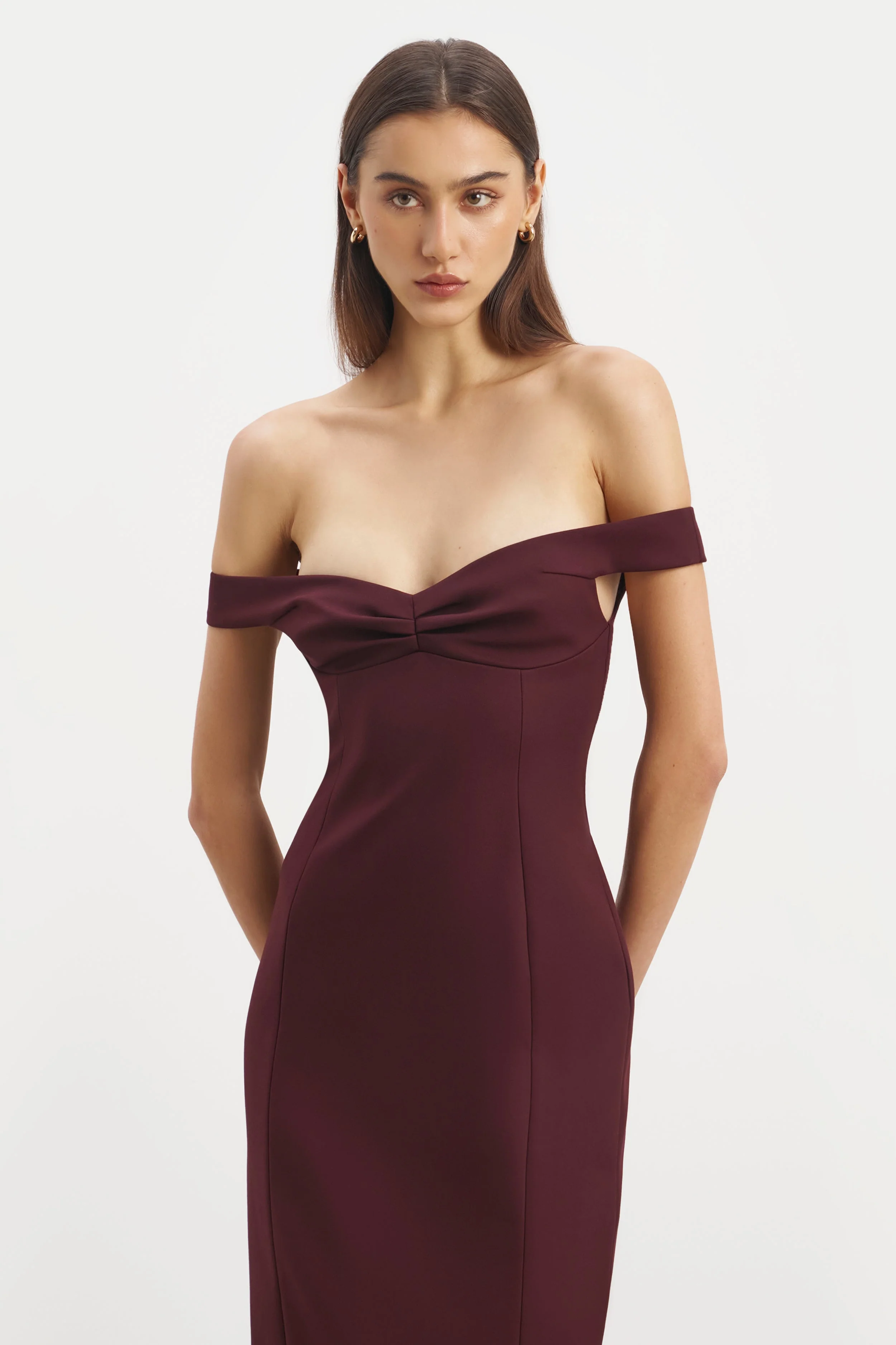 Tailored Ruched Bardot Midi Dress - Mulberry - Image 4