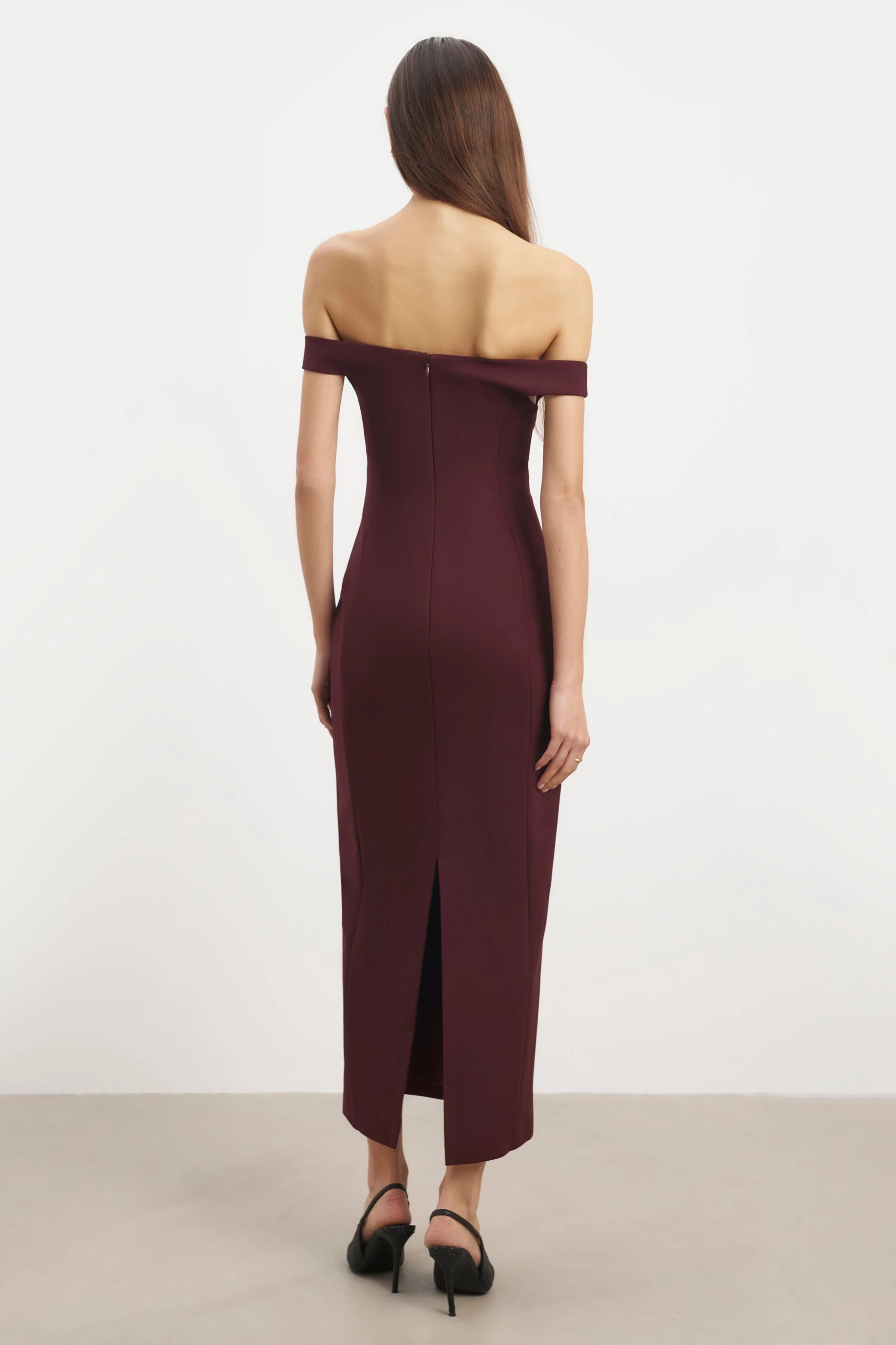 Tailored Ruched Bardot Midi Dress - Mulberry - Image 7