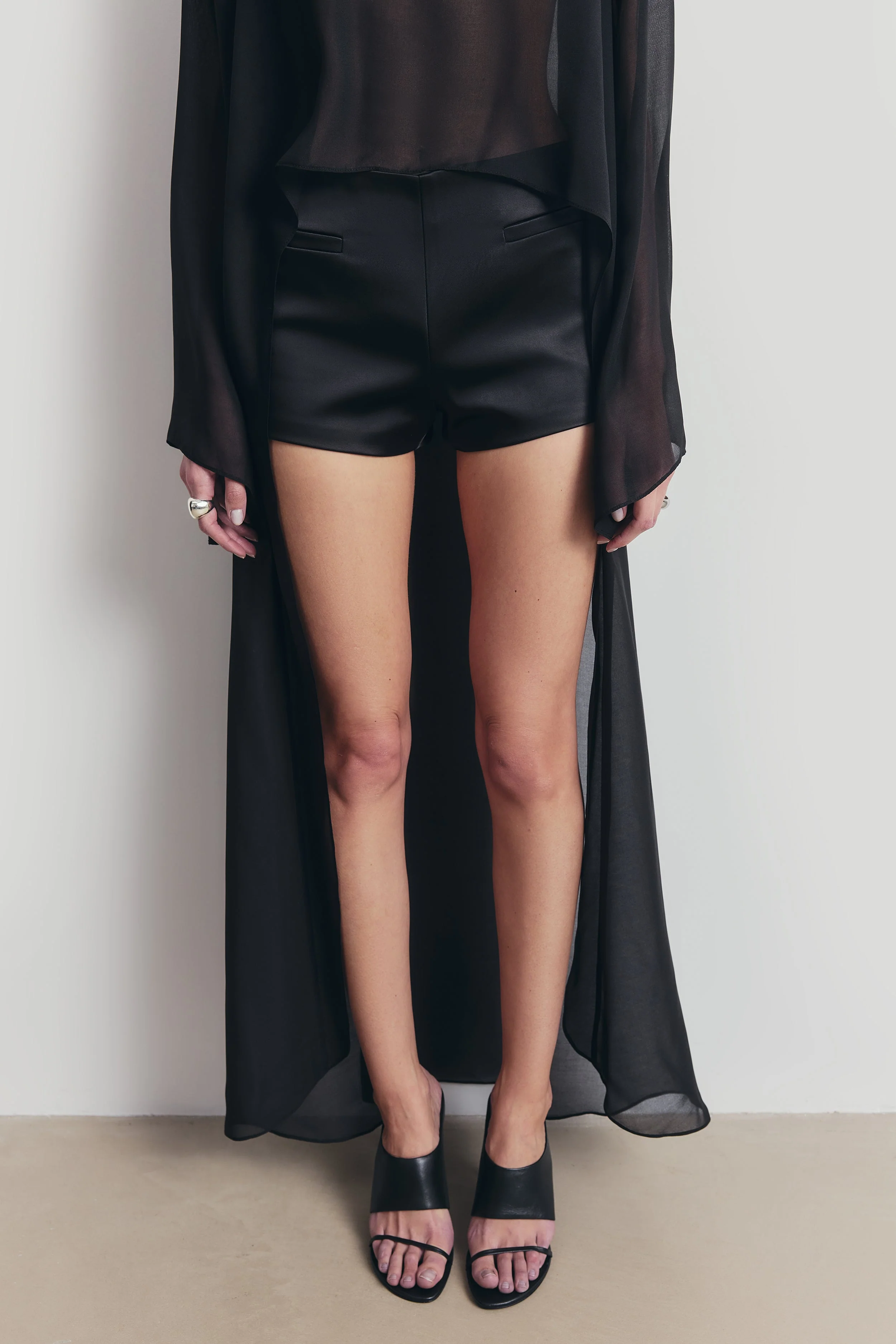 Tailored Satin Micro Shorts - Black - Image 5